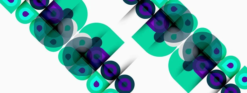 Abstract design features repeating turquoise squares with purple circles in.. Stock Illustration