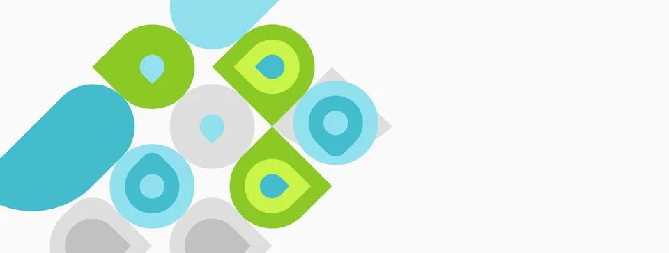 Abstract design features rounded squares, circles. Colors include light blue, Stock Illustration
