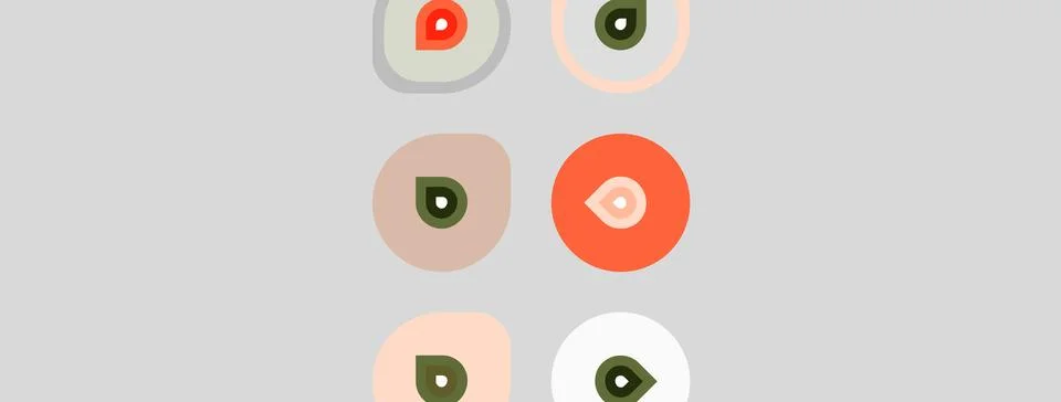 Abstract design features six circular elements. Each contains smaller shapes, Illustrazione stock
