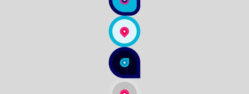 Abstract design features stacked blue shapes, central pink dot, gray backgr.. Stock Illustration