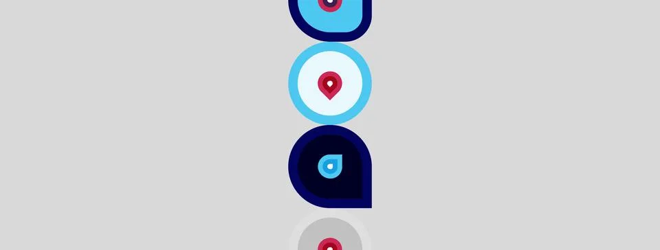 Abstract design features stacked blue shapes, central circle with red pinpoin Stock Illustration