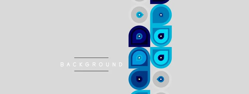 Abstract design features stacked blue eyes, geometric shapes, light gray Stock Illustration