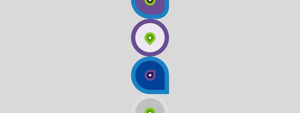 Abstract design features stacked circles, varying hues. Green dot present w.. Ilustración de archivo