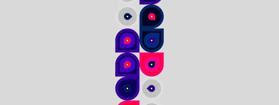 Abstract design features stacked circles, purple, white, gray. Geometric shap Stock Illustration