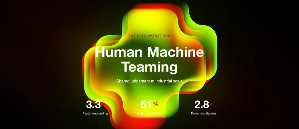 Abstract design features text Human Machine Teaming. Metrics highlight faster Illustrazione stock