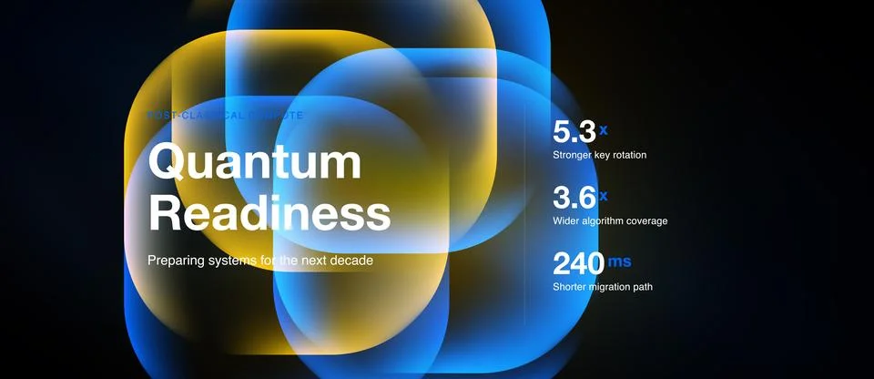 Abstract design features text promoting quantum readiness. Numbers highlight Illustrazione stock