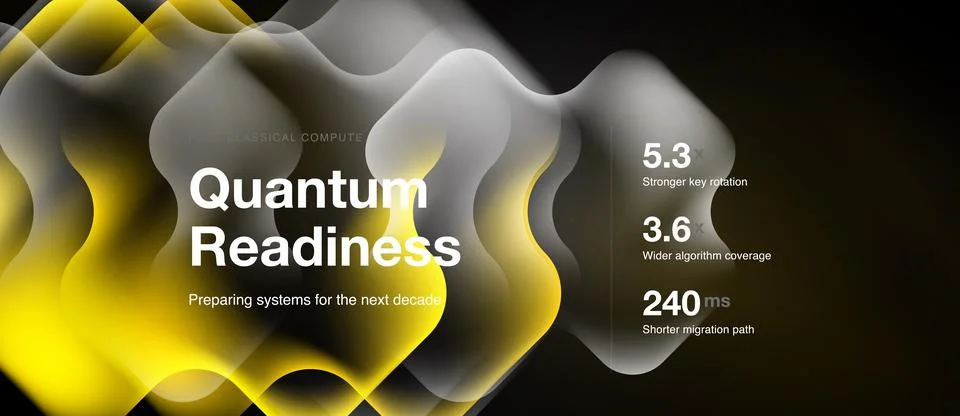 Abstract design features text promoting quantum readiness. Yellow, white shap イラスト素材