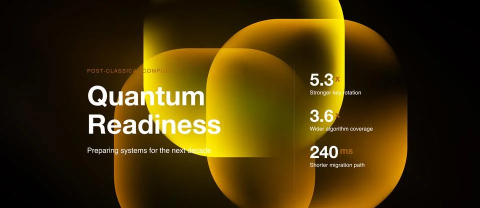 Abstract design features text regarding quantum readiness, systems preparatio Stock Illustration