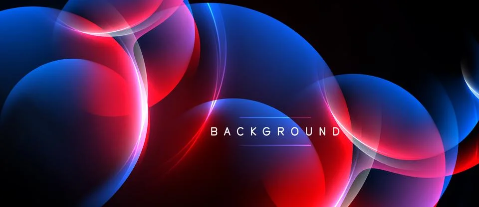 Abstract design features vibrant blue, red glowing circles. Dark background Stock Illustration