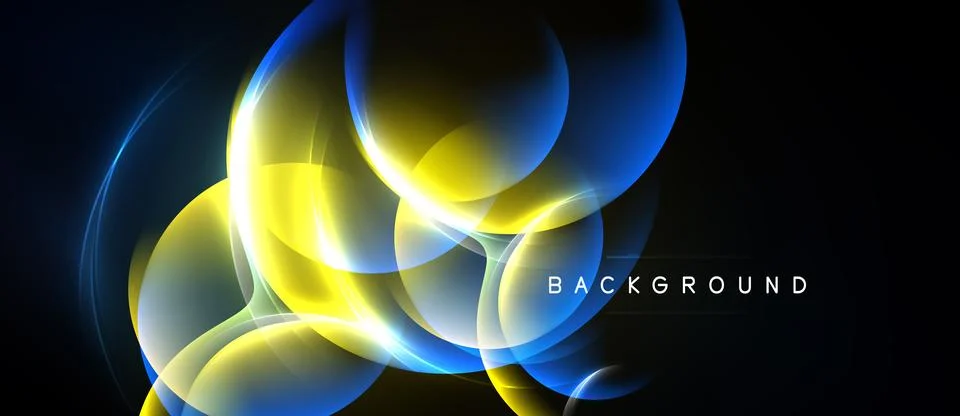 Abstract design features vibrant blue, yellow glows. Circular shapes overlap Stock Illustration