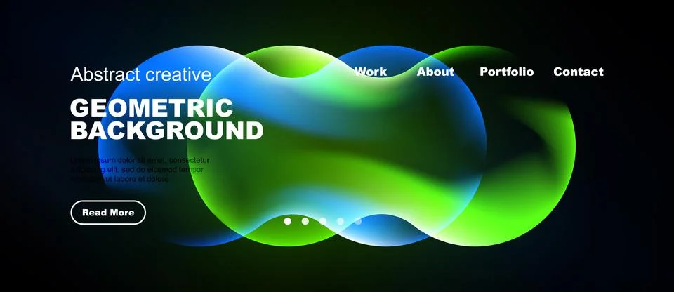 Abstract design features vibrant blue, green shapes. Website header includes Illustrazione stock