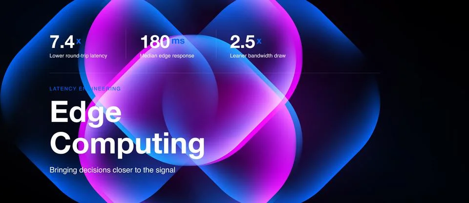 Abstract design features vibrant blue, pink hues. Text highlights edge comp.. Stock Illustration