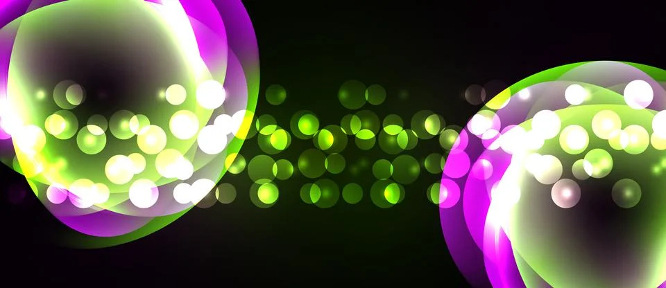 Abstract design features vibrant bubbles, glowing particles. Green, purple hu Stock Illustration