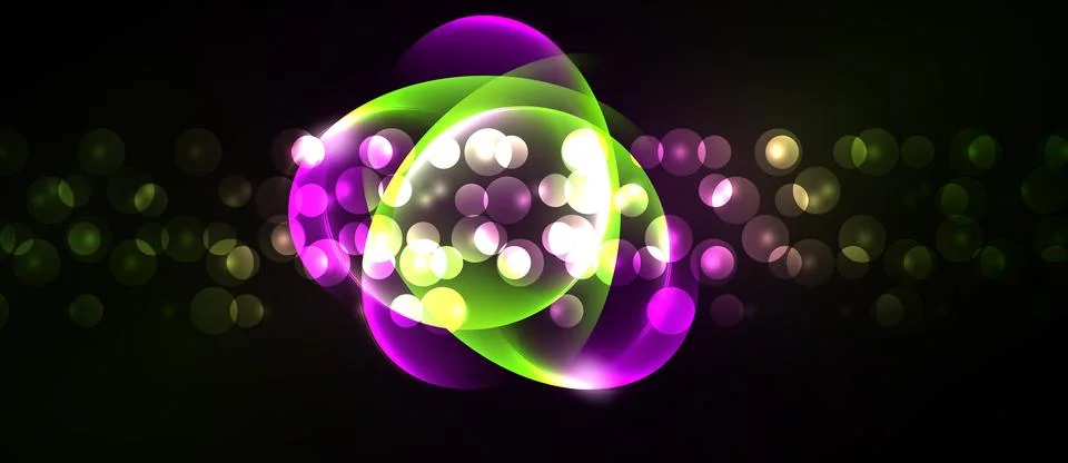 Abstract design features vibrant circles, glowing lines, dark background. Stock Illustration