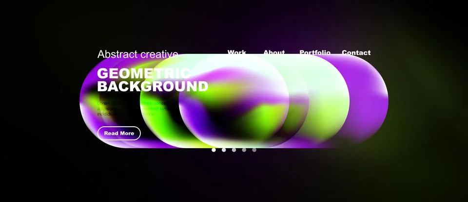 Abstract design features vibrant circles, text overlays, dark background. M.. Stock Illustration