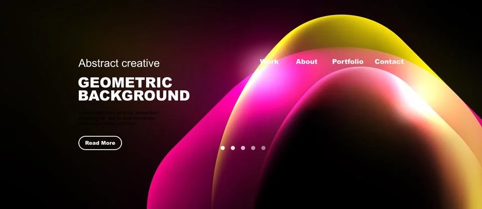 Abstract design features vibrant fluid shapes, text elements, navigation menu Illustrazione stock