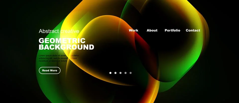 Abstract design features vibrant fluid shapes, dark background. Text elements Stock Illustration