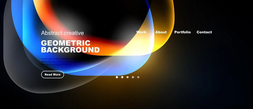Abstract design features vibrant fluid shapes, text overlays, navigation menu Illustrazione stock