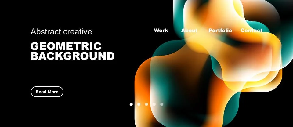 Abstract design features vibrant fluid shapes, dark backdrop, text elements. Illustrazione stock