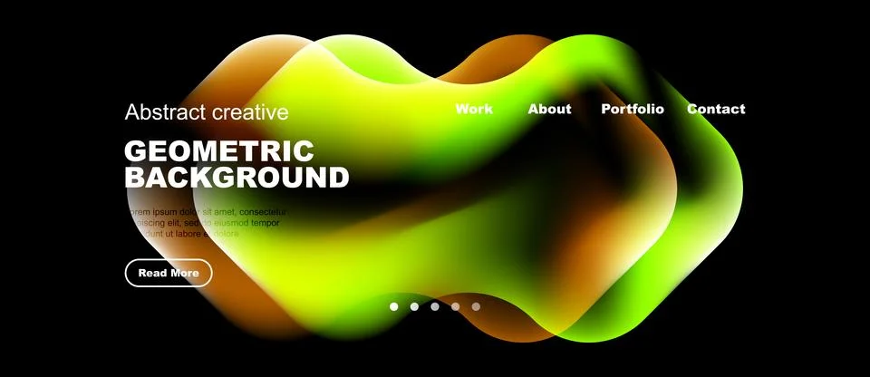 Abstract design features vibrant fluid shapes, text overlays, navigation menu Stock Illustration