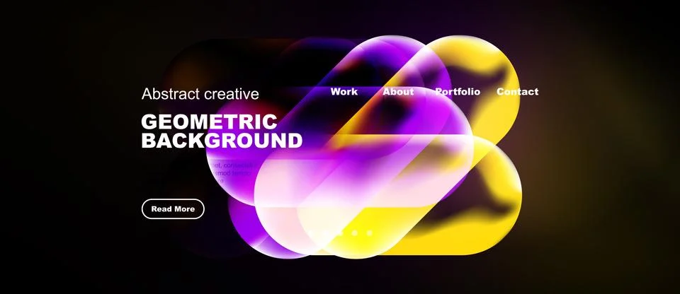 Abstract design features vibrant fluid shapes, text elements, dark background Stock Illustration