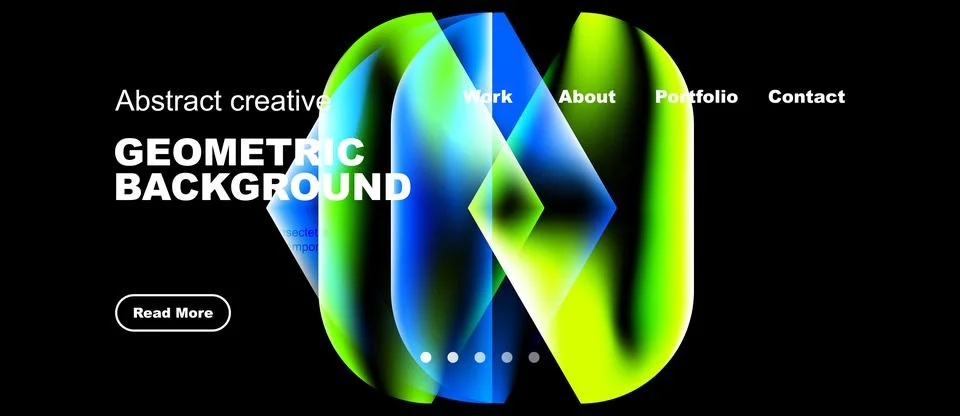 Abstract design features vibrant geometric shapes, bold text, navigation menu Stock Illustration