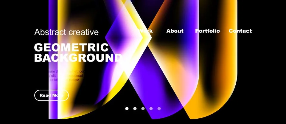 Abstract design features vibrant geometric shapes, text overlays, dark Stock Illustration