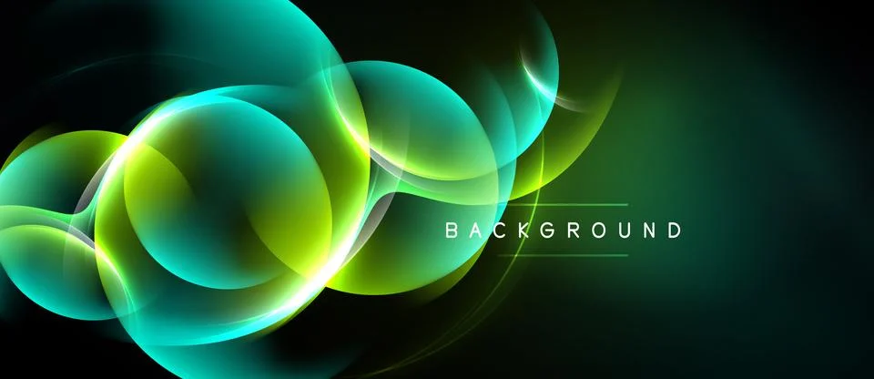 Abstract design features vibrant glowing circles, curves. Dark background Ilustración de archivo