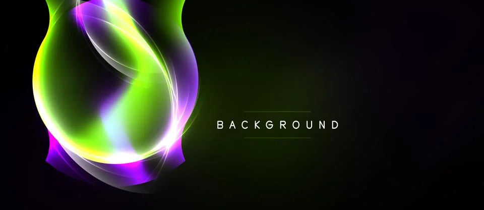 Abstract design features vibrant green, purple light curves. Dark background Stock Illustration