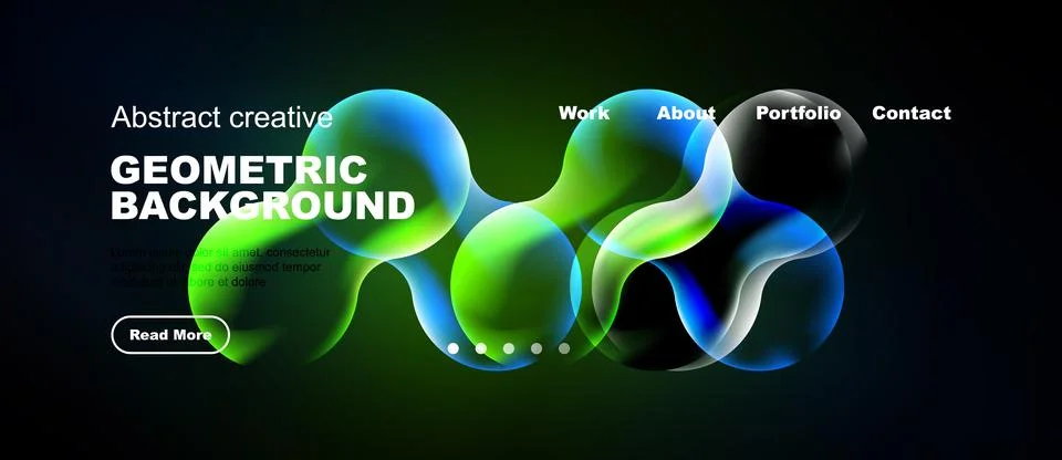 Abstract design features vibrant green, blue shapes. Website header includes Illustrazione stock