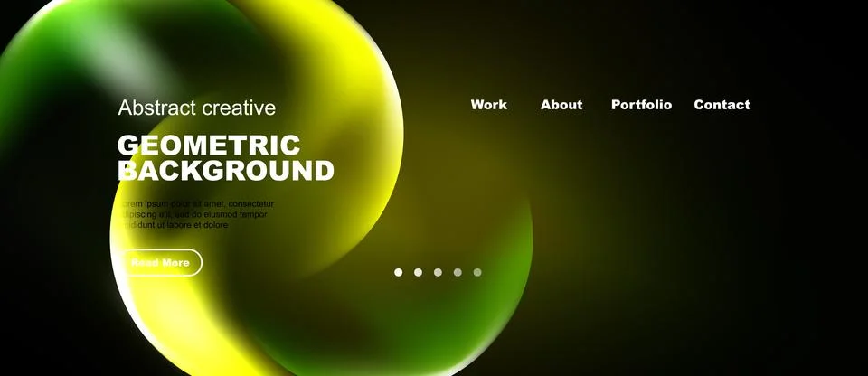 Abstract design features vibrant green, yellow shapes. Website header include Stock Illustration