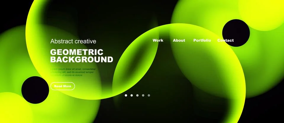 Abstract design features vibrant green, black shapes. Website header includes Stock Illustration