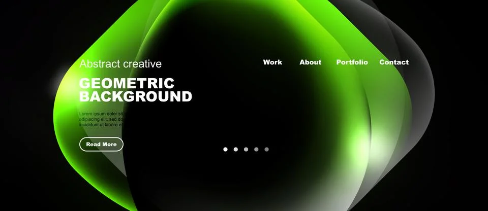 Abstract design features vibrant green, blue shapes. Website header includes Stock Illustration