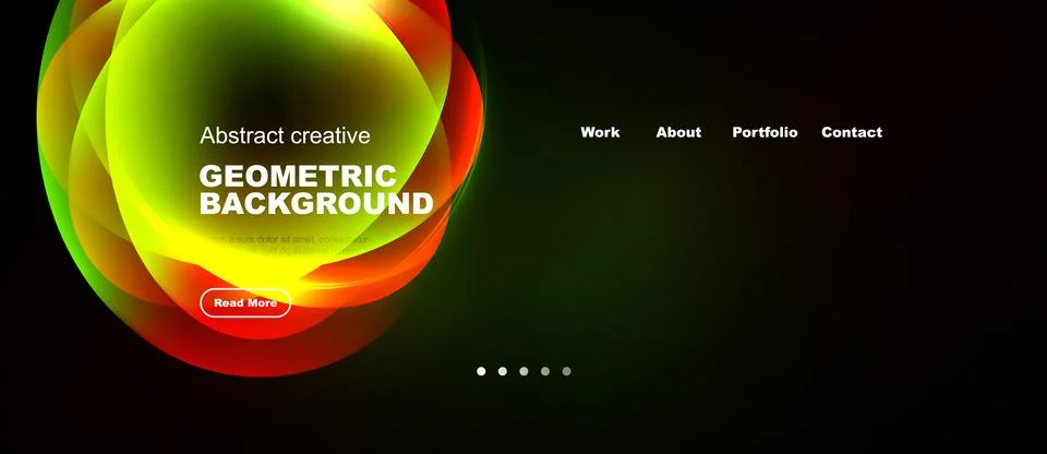 Abstract design features vibrant layers, text elements, navigation menu. Dark Illustrazione stock