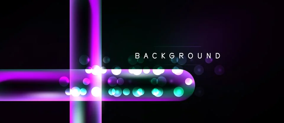 Abstract design features vibrant neon lines, glowing circles against dark Stock Illustration