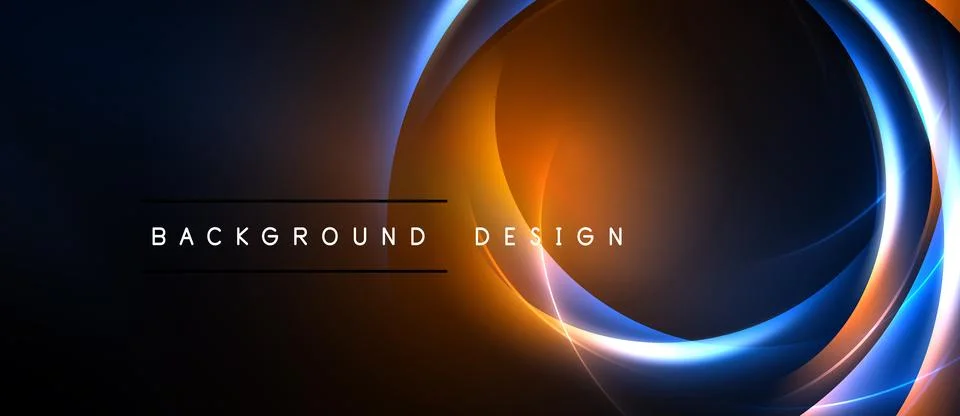 Abstract design features vibrant orange, blue glows. Circular shapes overlap, Stock Illustration