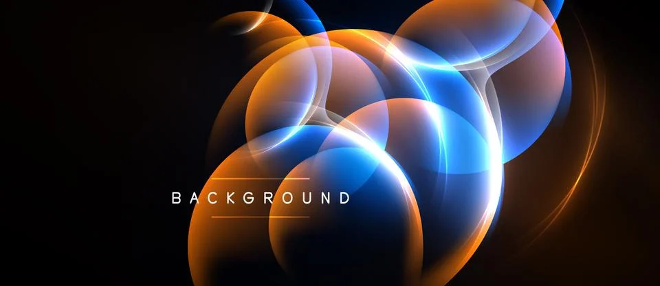 Abstract design features vibrant orange, blue glows. Overlapping circles crea Stock Illustration