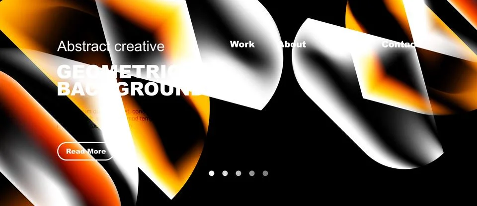 Abstract design features vibrant orange, white shapes. Website header include Stock Illustration