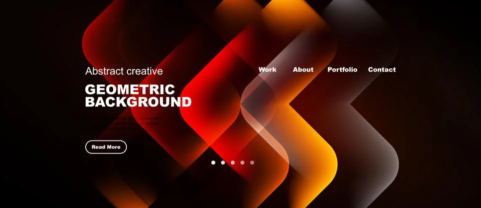 Abstract design features vibrant orange, red shapes. Text includes geometric Stock Illustration