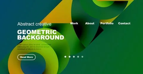 Abstract design features vibrant overlapping shapes, text elements, navigation Illustrazione stock