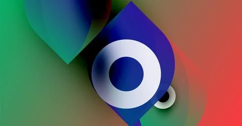 Abstract design features vibrant overlapping shapes, central white circle. Illustrazione stock