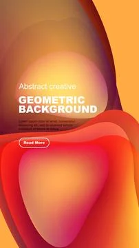 Abstract design features vibrant overlapping shapes, text, button. Warm colors Illustrazione stock