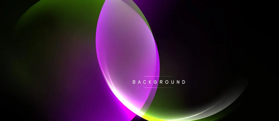 Abstract design features vibrant overlapping curves. Green, purple hues dom.. Ilustración de archivo
