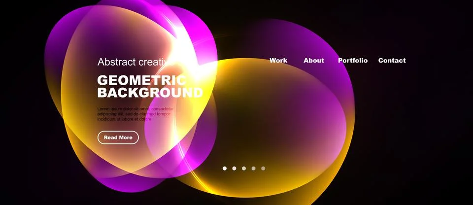 Abstract design features vibrant overlapping shapes, text, navigation element Illustrazione stock