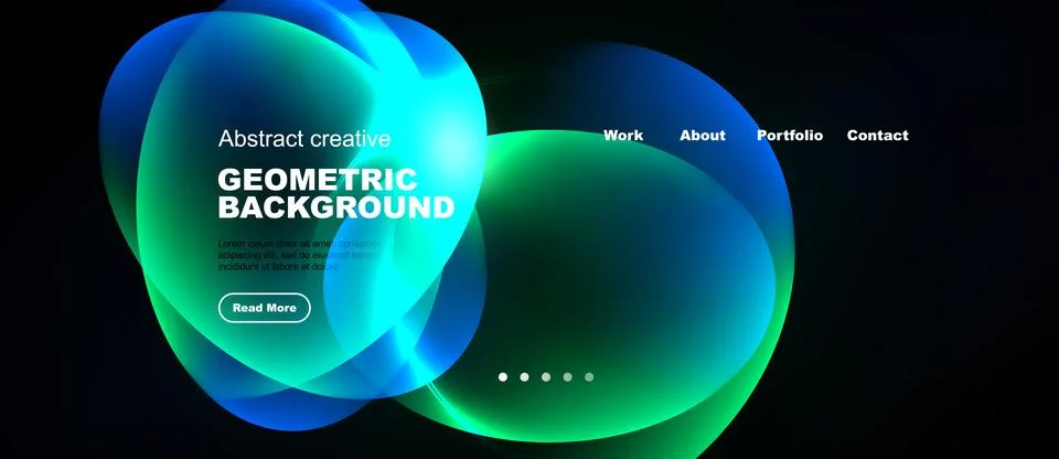 Abstract design features vibrant overlapping shapes, text, navigation menu ov Stock Illustration