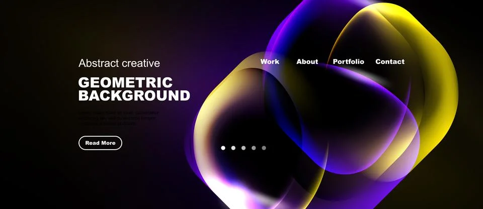 Abstract design features vibrant overlapping circles, text elements, dark Ilustración de archivo