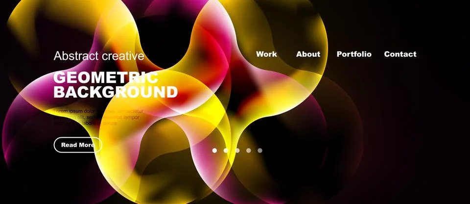 Abstract design features vibrant overlapping shapes, text elements, navigatio Stock Illustration