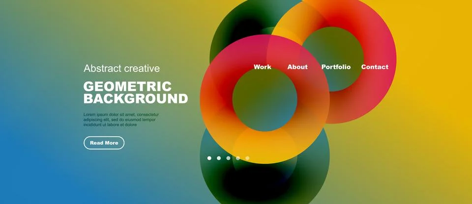 Abstract design features vibrant overlapping circles, text elements, navigati Ilustración de archivo