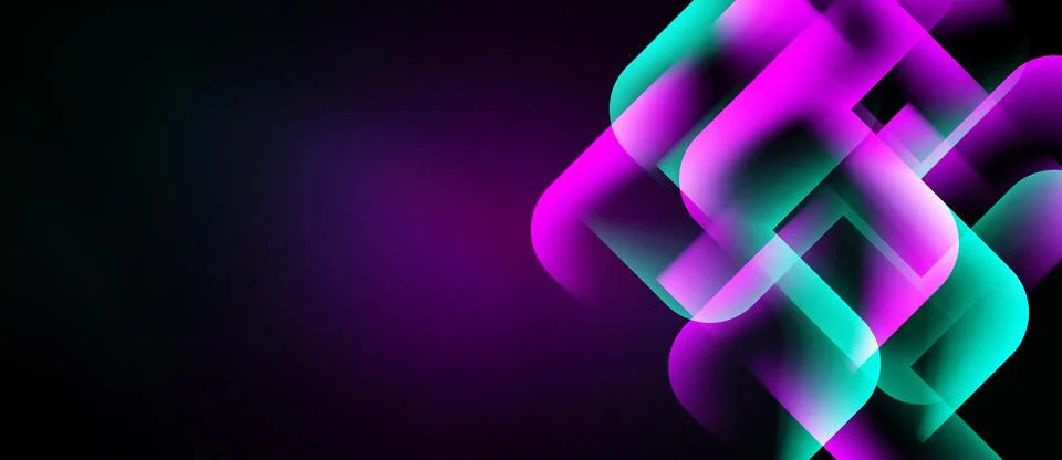 Abstract design features vibrant pink, teal ribbons over black background. Stock Illustration