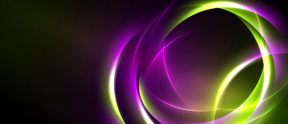 Abstract design features vibrant purple, green glowing swirls. Dark backgroun Stock Illustration